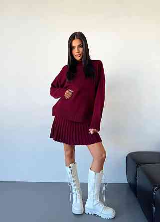 Жіночий трендовий костюм спідниця плісе з високою талією + оверсайз светр Бордо Одеса