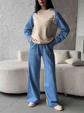 Жіночий ефектний комбінований костюм-двійка: кофта та штани джинс-котон + турецька двонитка Блакитний, 46/48 Одеса