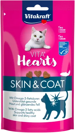 Мягкое лакомство сердечка для кошек Витакрафт Vitakraft Hearts SkinCoat с лососем и омега-3 для здоровья кожи и шерсти, 40 г Винница