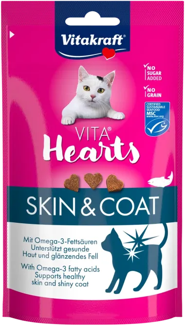 М'які ласощі сердечка для котів Вітакрафт Vitakraft Hearts SkinCoat з лососем та омега-3 для здоров'я шкіри та шерсті, 40 г Вінниця - фото 1