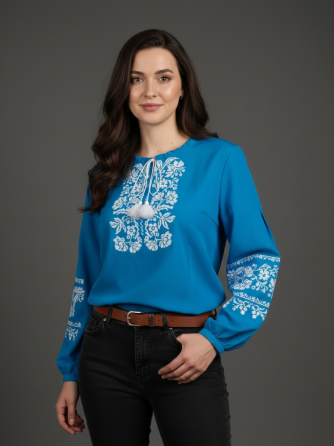 Шифоновая синяя борщевская женская вышиванка с длинным рукавом в голубом цвете Киев