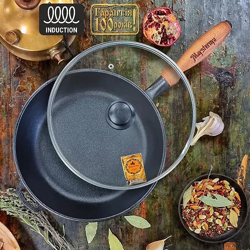 Сковорідка d28*6cм скляна кришка з дерев'яною ручкою чавунна лита Т306С3Ук Майстерня Житомир - изображение 3