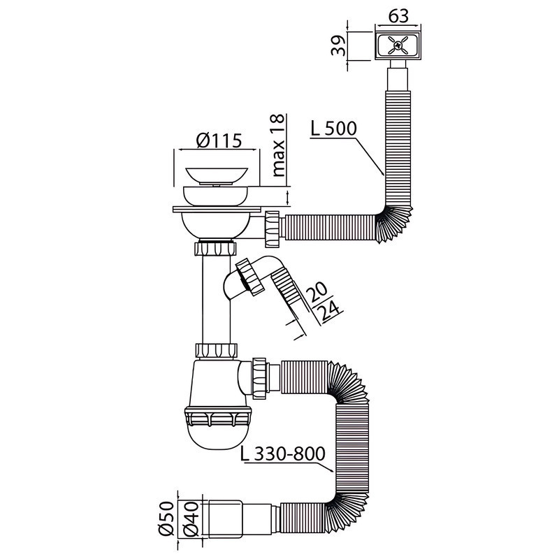 Сифон для кухні Mixxus SK-02-B 3 1/2"x40 з нерж.сіткою, відведенням для пральної машини, гнучким  ( 16437 ) Харків - фото 2