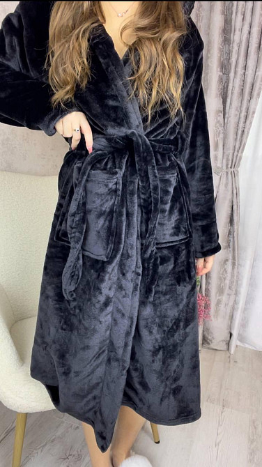Женский махровый халат длинный Черный, M Харьков - изображение 1