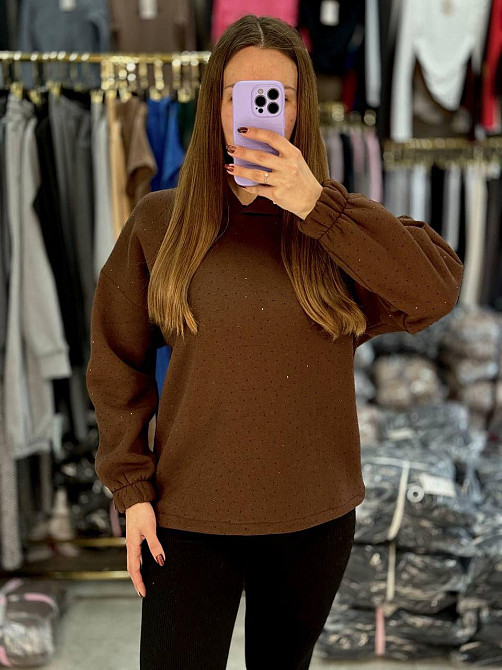 Женский утепленный блестящий худи со стразами трехнитка на флисе Шоколад, 42/44 Одесса - изображение 1