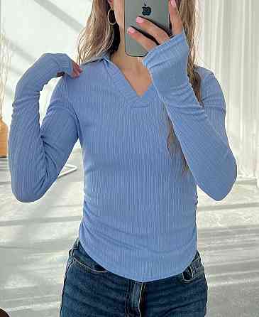 Жіночий стильний лонгслів "поло" з коміром Блакитний, 42/44 Одеса