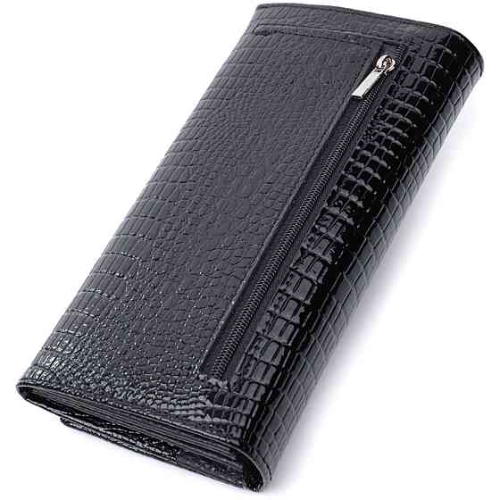 Женский лакированный кошелек с фактурой под рептилию из натуральной кожи Черный (ST Leather) Киев