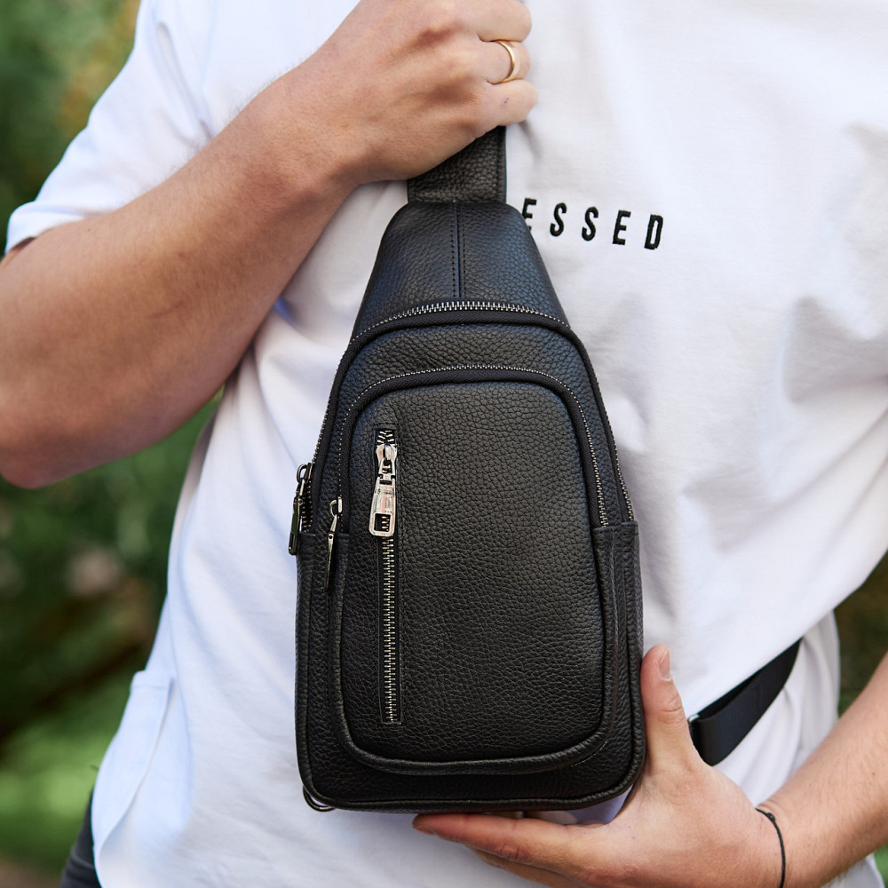 Чорна чоловіча сумка слінг з натуральної шкіри TIDING BAG Київ - фото 10