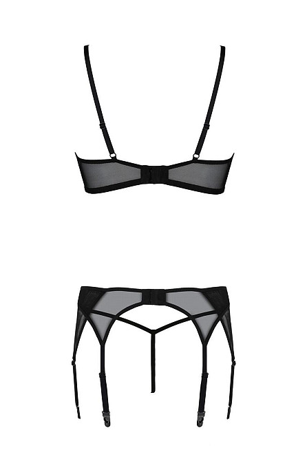 Комплект Passion LEAFA SET black, XXL/XXXL, мереживо+сітка, бюстгальтер на кісточках, стрінги, пояс для панчіх Sex Aura Київ - фото 4