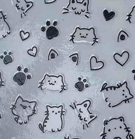 Наклейки на ногти котики черно-белые 1 лист, слайдер дизайн для маникюра, наклейки лапки сердечки kawaii Киев
