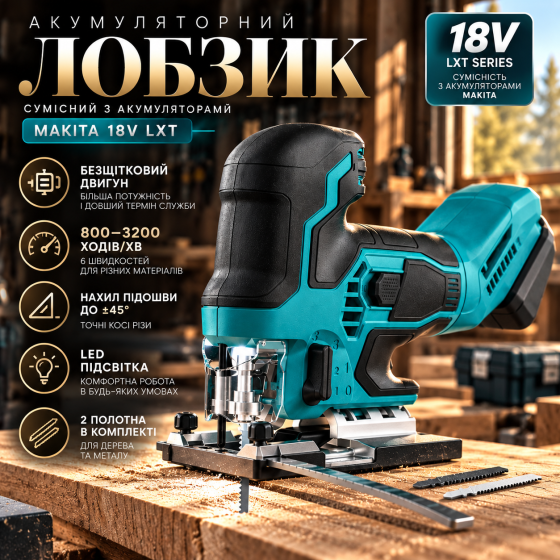 Акумуляторний лобзик 18 В для Makita, безщітковий, 800–3200 ход/хв, 6 швидкостей, ±45°, LED, 2 полотна Київ