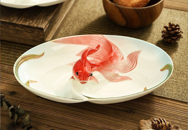 Менажница на 2 секции Золотая рыбка 30 см китайский лепной костяной фарфор Кременчуг - изображение 4