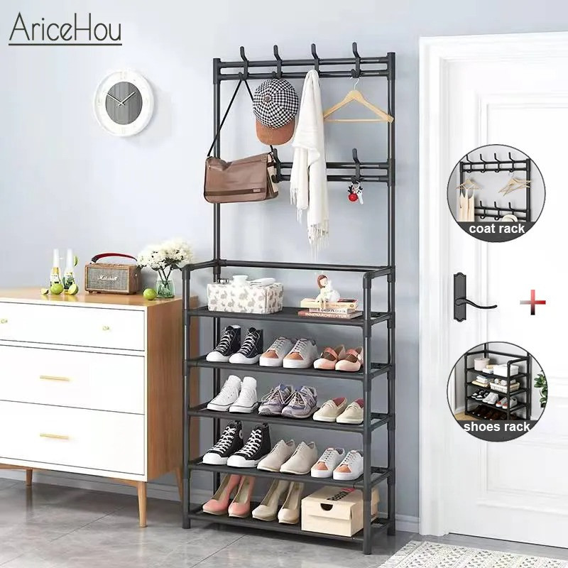 Полочка с вешаком для прихожей 25х60х150, Органайзер для обуви и одежды с 6 полками, Черного цвета Каменец-Подольский - изображение 1