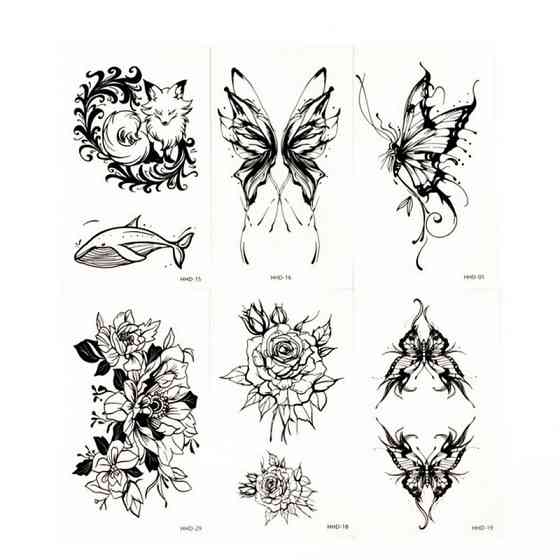 Набор временных тату «Бабочки и цветы №1» black-tattoo-mini-set-f01 из 6 черных по 9,5 х 5,5 см Винница