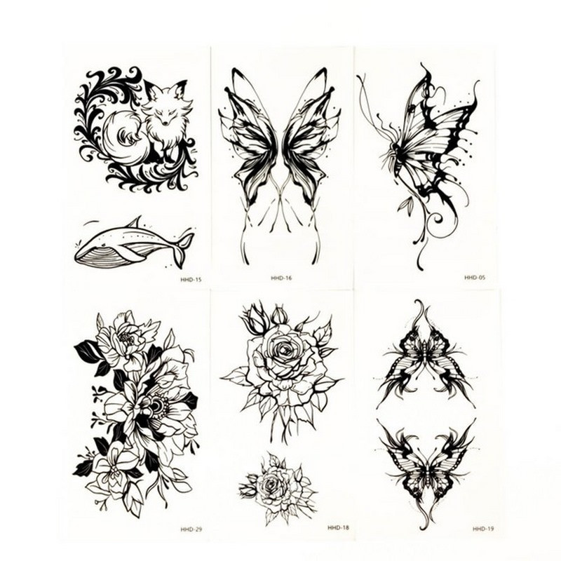 Набор временных тату «Бабочки и цветы №1» black-tattoo-mini-set-f01 из 6 черных по 9,5 х 5,5 см Винница - изображение 1