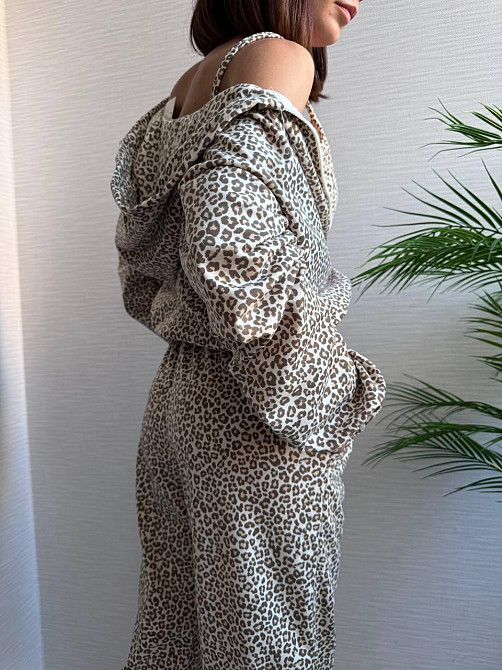 Жіночий леопардовий костюм-трійка з подвійним капюшоном двонитка Беж, 42/44 Одеса - фото 5