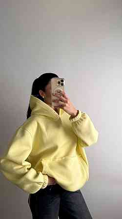 Жіноче тепле об'ємне базове худі оверсайз крою турецька тринитка на флісі Лимонний Одеса