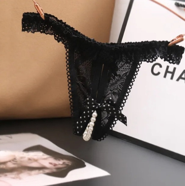 Трусики з намистинками чорні - розмір універсальний, резинка до 84см Київ - фото 1