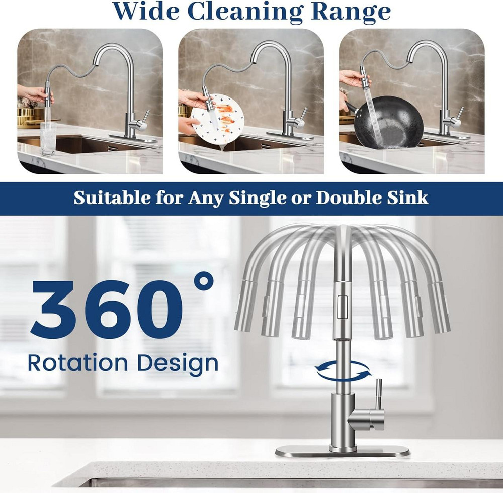Смеситель для кухни с выдвижным шлангом и распылителем, сталь, вращение 360°, кухонный смеситель для раковины Киев - изображение 4