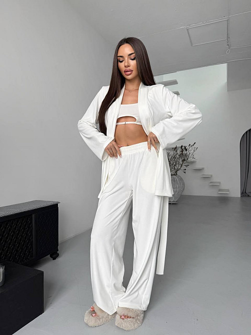 Жіночий стильний домашній костюм штани палаццо + кімоно, велюр Молочний, 46/48 Одеса - фото 5