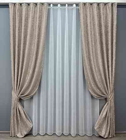 Комплект штор VR-Textil Лен Мрамор 150х270 2шт и Тюль 600х270 1717ш-1276т Серо-бежевый с белым 71-013/5 Киев