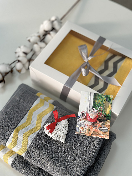 Подарочный набор махровых полотенец с бордюром 50х90+70х140 см Узбекистан Черновцы - изображение 2