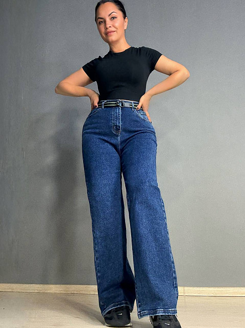 Джинсы женские Derun 8200 палаццо ровные талия на резинке с ремнем синие, синий, З2, 32, 88 см, 114 см Киев - изображение 4