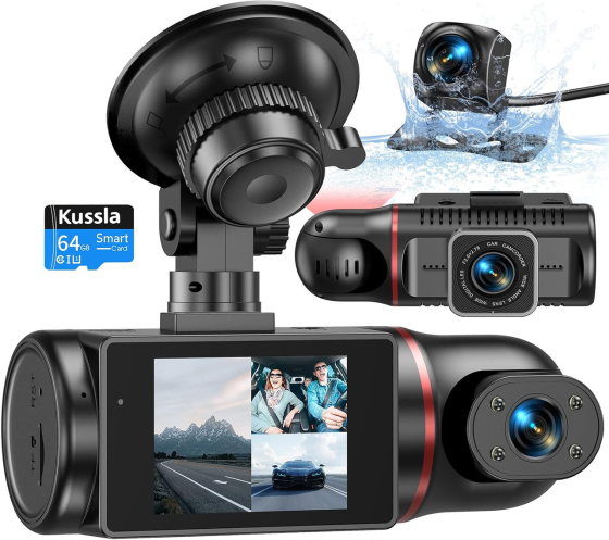 Відеореєстратор Kussla X30 3-канальний Full HD 1080P, 3 камери, нічне бачення, G-сенсор, IPS 3", карта 64 ГБ Київ