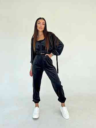 Жіночий плюшевий прогулянковий костюм-трійка: кофта топ і штани велюр плюш Чорний, 44/46 Одеса
