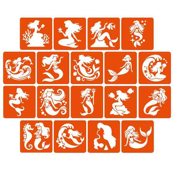 Набір трафаретів для біо-тату "Русалки" mermaids-5x5-18, 18 трафаретів Вінниця