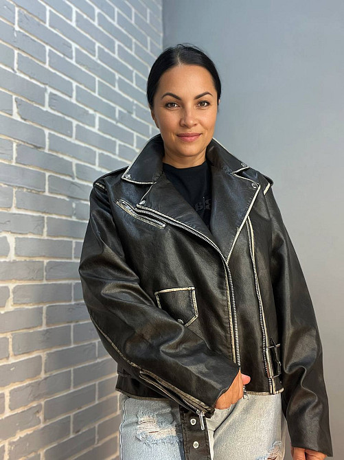 Куртка жіноча Aftf Basic 2456 косуха блискавки пояс варені шви екошкіра чорна, чорний, S Київ - фото 1