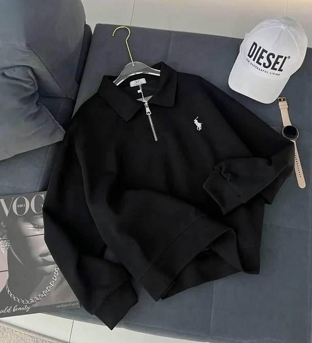 Женский повседневный оверсайз свитшот на молнии с воротником двунитка Черный Одесса - изображение 1