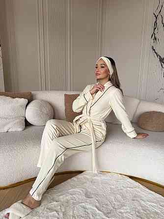 Жіноча затишна піжама: халат-кімоно, штани + пов'язка на голову велюр Молочний, 46/48 Одеса