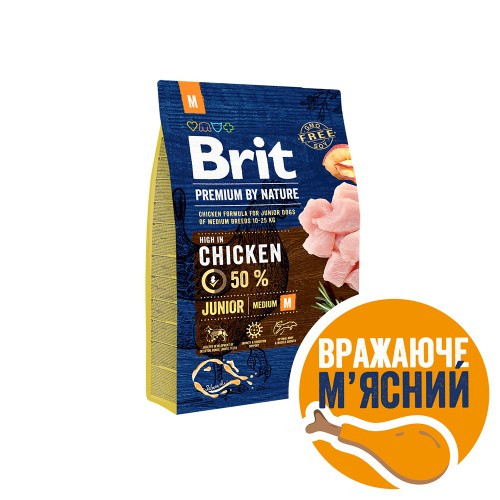 Корм сухий Brit Premium Dog Junior M для цуценят та молодих собак середніх порід від 1 до 12 місяців вагою 10-25 кг з куркою Київ - фото 1