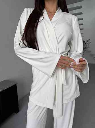 Жіночий стильний домашній костюм штани палаццо + кімоно, велюр Молочний, 46/48 Одеса