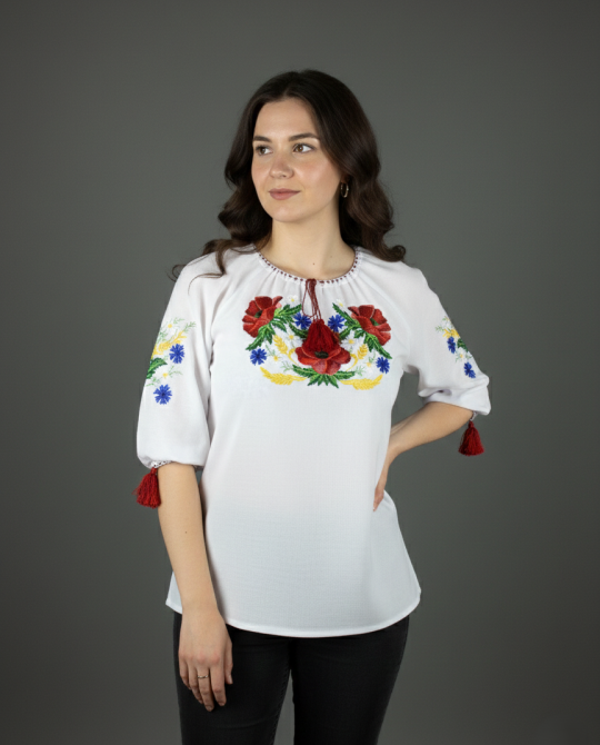 Женская белая вышитая рубашка красными маками из домоточного полотна Киев - изображение 2