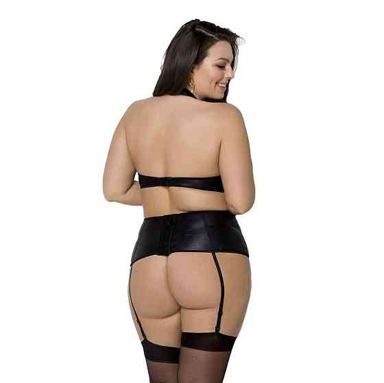 Комплект из экокожи Passion NANCY SET 4XL/5XL black, имитация шнуровки, топ, пояс для чулок Sex Aura Киев