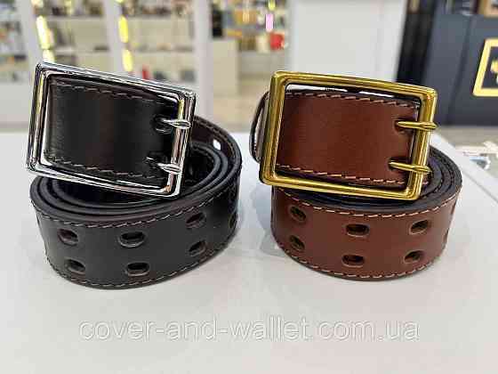 Черный мужской перфорированный ремень с пряжкой на две спицы 40 мм PS Leather Киев
