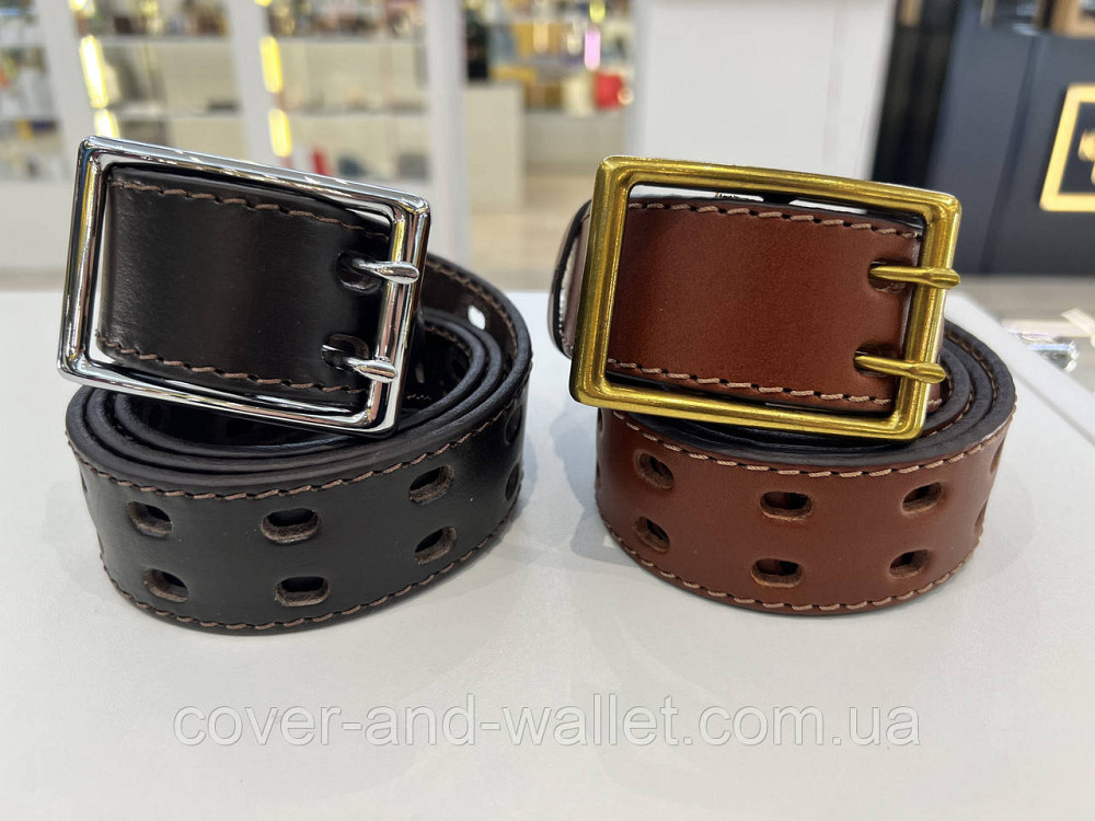Черный мужской перфорированный ремень с пряжкой на две спицы 40 мм PS Leather Киев - изображение 5