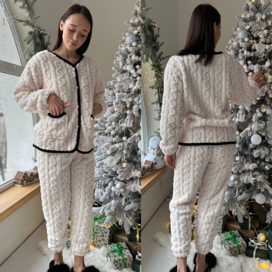 Піжама жіноча Махрова плюшева зимова Тепла Костюм для дому кофта і штани з візерунком косичка бежева Одеса