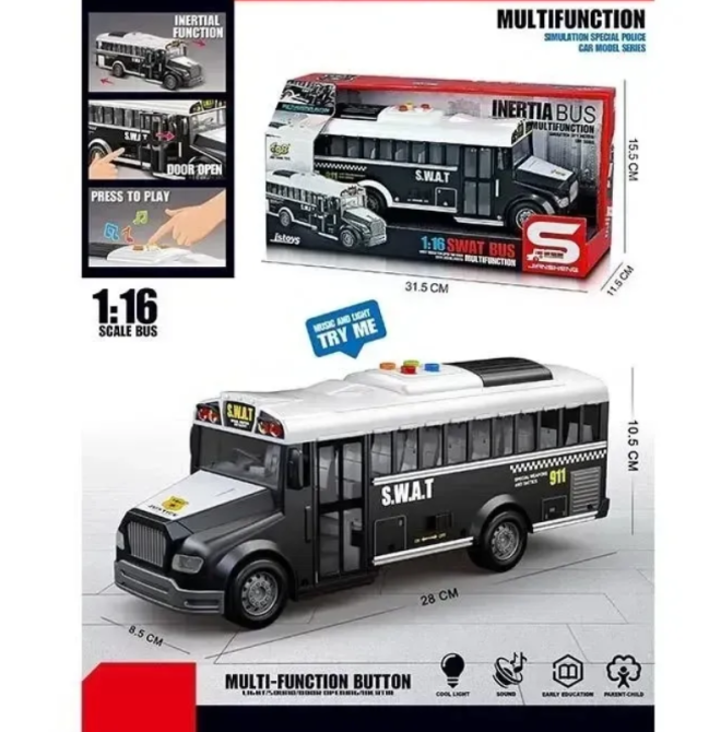 Автобус Поліція звук підсвічування масштаб 1:16 інерція гумові колеса Чорний (JS 125 A) Чернигов - изображение 2