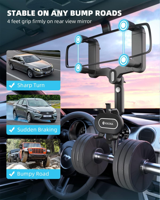 Держатель для телефона на зеркало заднего вида JOCOSA, 360°, выдвижной, регулируемый, для смартфонов 4–7″, чёрный Киев - изображение 8