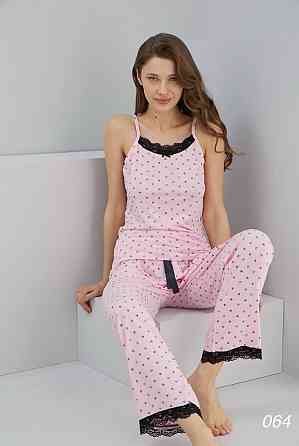 Жіноча принтована піжама-двійка: майка та штани з мереживом Рожевий 2, 50 Одеса