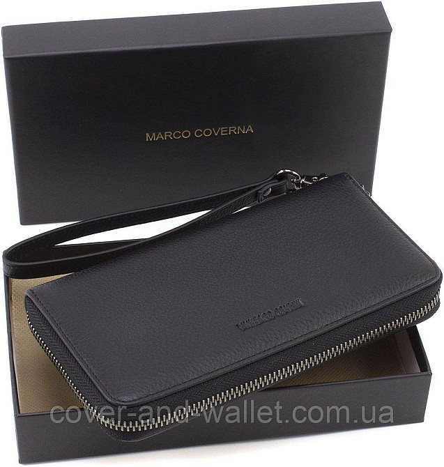 Черный женский кожаный кошелек клатч на молнии с ремешком Marco Coverna Киев - изображение 2
