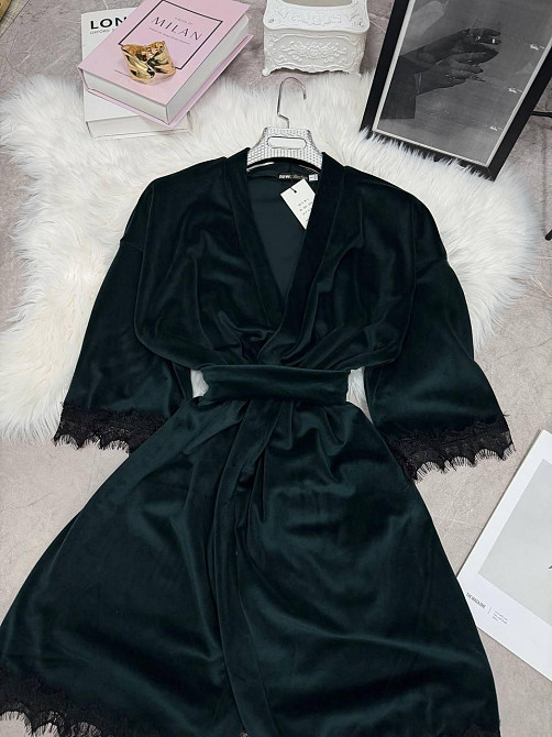 Женский домашний халат на запах велюр с кружевом Изумрудный, 48/52 Одесса - изображение 2