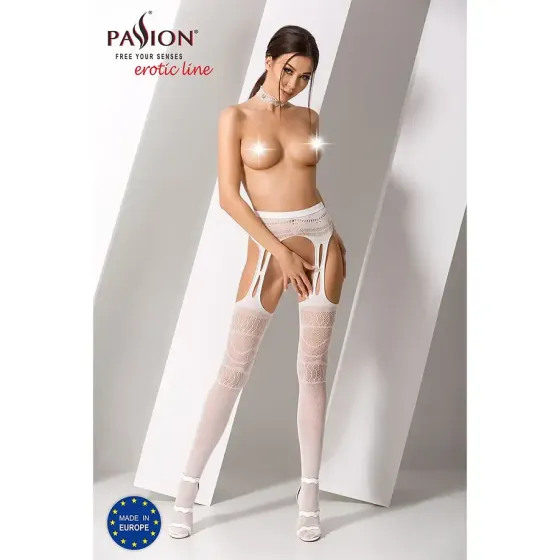 Сітчасті панчохи-стокінги Passion S020 One Size, White, ажурний візерунок, імітація пояса з гартерам Львів