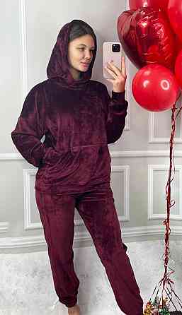 Женский спортивный велюровий костюм с капюшоном L Бордовый Харьков