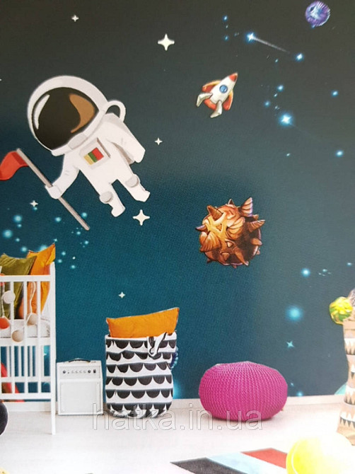 Шпалери вінілові на флізелін дитячі зірки планети місяць місяць космонавт Київ - фото 1