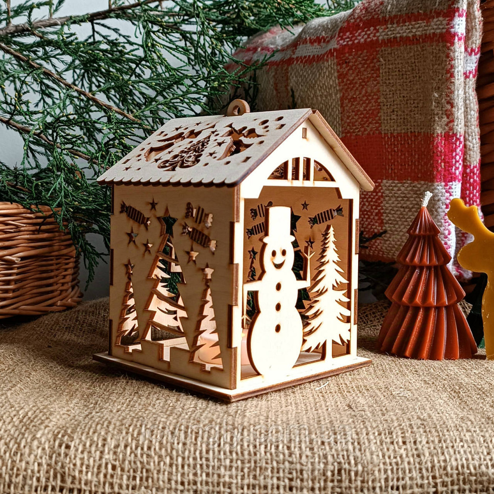 Деревянный фонарик с LED-подсветкой - Новогодний декор и подарок 14см Ирпень - изображение 1