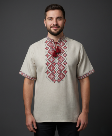 Лляна чоловіча вишиванка з орнаментом Святкова червона Київ
